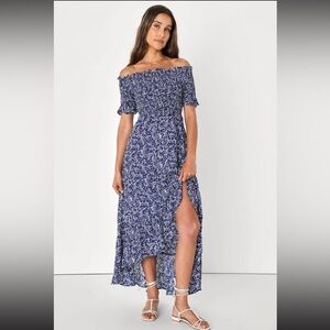 NWT Fleur-tation Navy Blue Floral Print Off-the-Shoulder Midi Dress